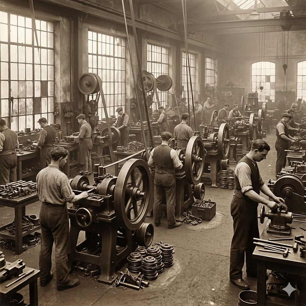 1. 📜 The Grand Timeline: The Four Leaps Industrial history is divided into four distinct "Revolutions," each driven by a new energy or logic. 🏛 Era I: Industry 1.0 (Steam & Water) We replace muscle with mechanical power. 🚂 1784 — The Power Loom. Edmund Cartwright designs the first mechanical loom. It is the birth of the factory system. We stop making cloth at home and start making it in centralized halls driven by water or steam. 🔧 1798 — Interchangeable Parts (Eli Whitney). The realization that every musket trigger should be identical. We move from "Craft" (every item is unique) to "Standardization." ⚙️ Era II: Industry 2.0 (Electricity & Assembly Line) We speed up the process with flow. ⚡ 1870 — The Cincinnati Slaughterhouse. The first moving assembly line (for disassembling pigs). It inspires Henry Ford. 🚗 1913 — The Ford Model T Line. The Turning Point. Ford reduces the time to build a car from 12 hours to 90 minutes. Mass production makes luxury accessible to the masses. 👷 1920s — Scientific Management (Taylorism). Humans are treated like robot components—measured by stopwatch to optimize every movement.
