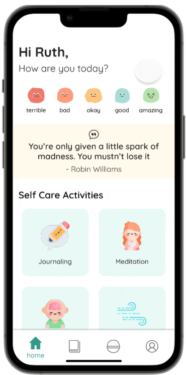bloom's home screen greeting the user at the top "Hi, Ruth", then showcasing 6 different self care activities - Journaling, Meditation, Mindful exercise, Box Breathing, Sleep relaxation and Yoga stretches