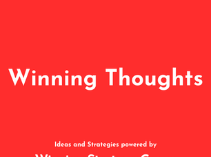 Red background with bold white text: "Winning Thoughts." Below, smaller text reads, "Ideas and Strategies powered by Winning Strategy Group."