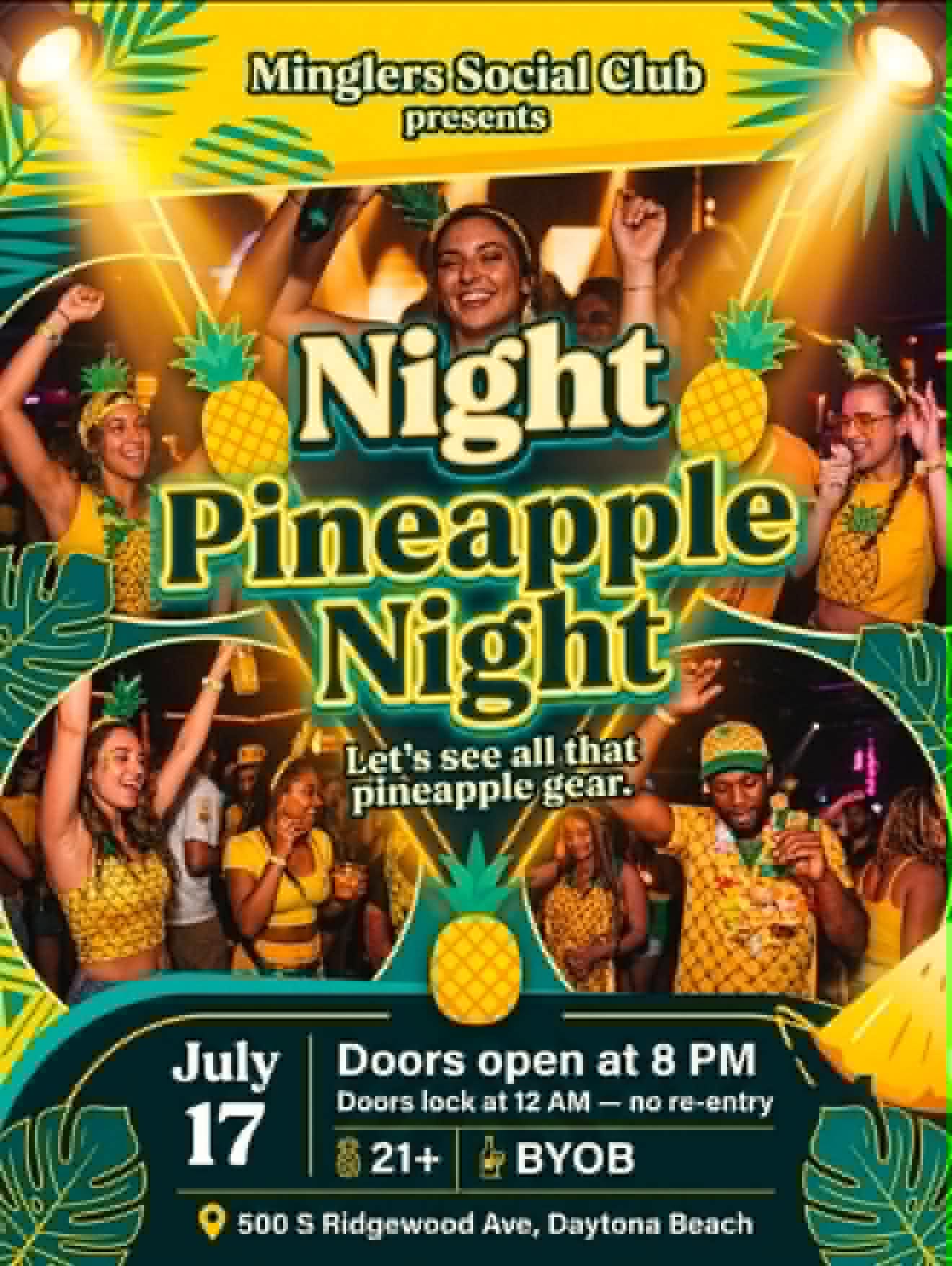 A vibrant pineapple night setting with tropical accents and soft warm lighting