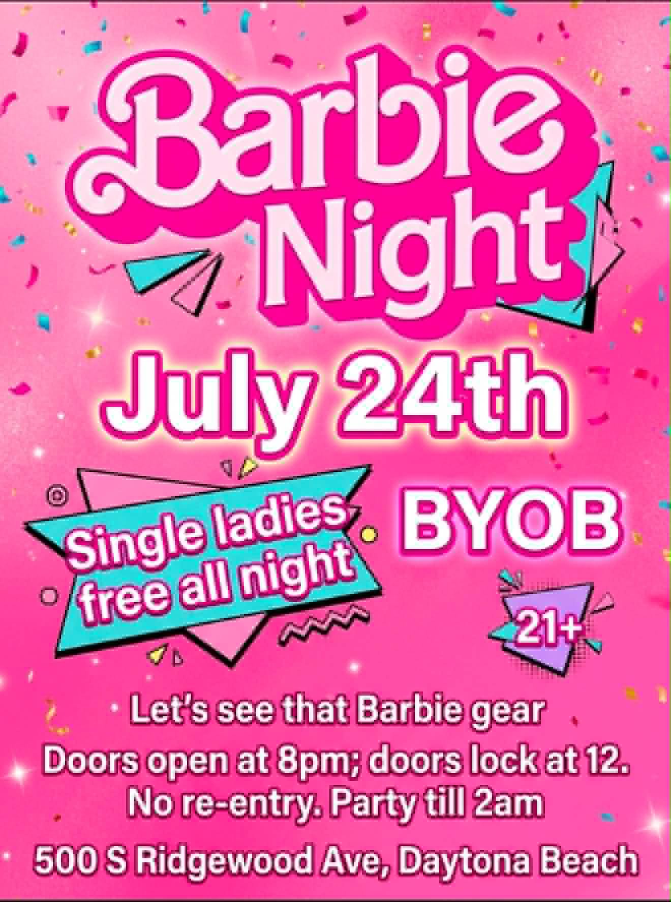 A celebration themed background with pink accents for Barbie Night.