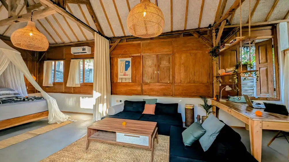 2 bedroom private pool villa on gili air lombok indonesia with living room and working space