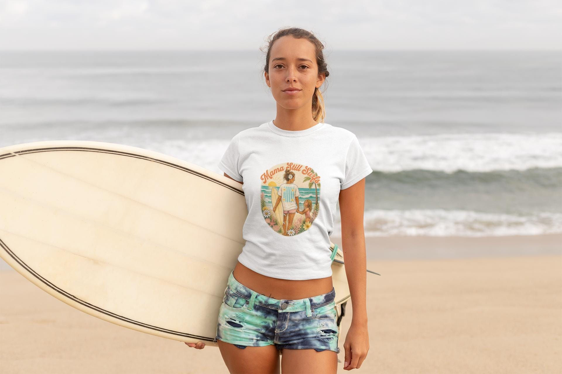 Mama Still Surfs Vintage Beach Scene Cropped Tee | Surfing Mom Graphic Shirt