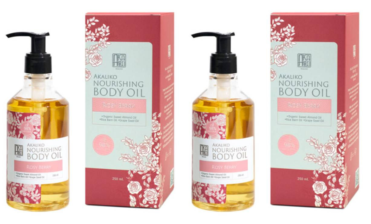 Akaliko Rosy Berry Nourishing Body Oil 250ml bottle with roses and berries