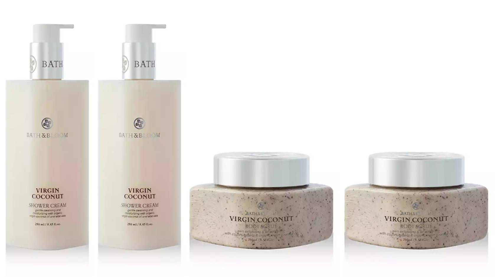 BATH and BLOOM Virgin Coconut Shower Cream and Body Scrub Set.