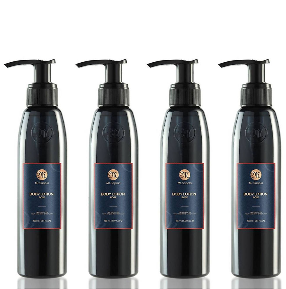 Four dark bottles with pump tops and labels, Chooasia.com sells them.