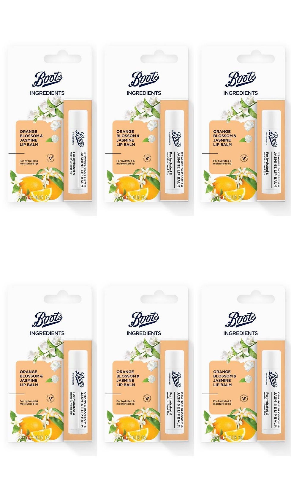 BOOTS INGREDIENTS Orange Blossom and Jasmine Lip Balm 0.15 oz. (Pack of 6)