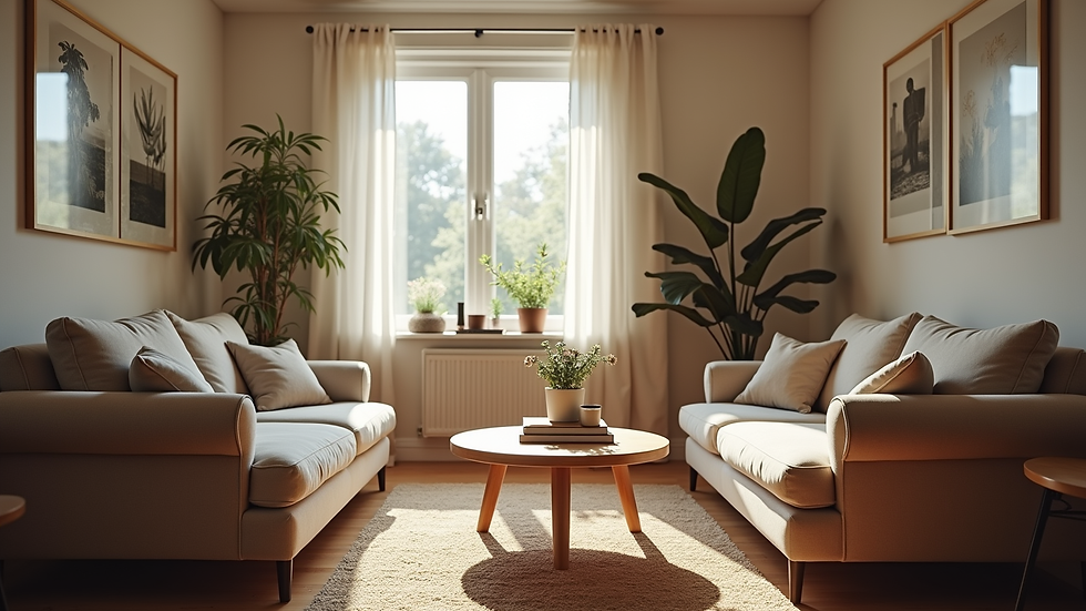 Close-up view of a shared housing living room with comfortable seating