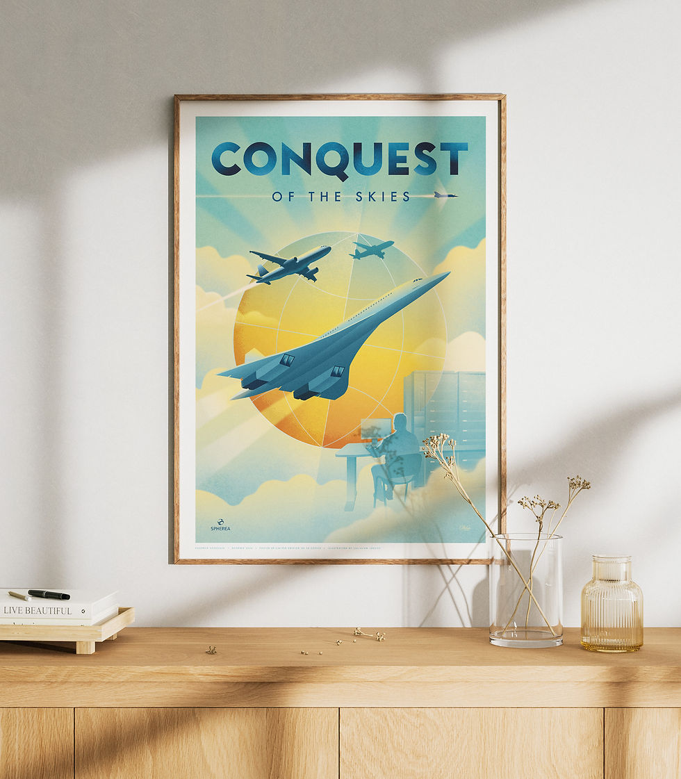 Agence Honolulu, poster vintage Spherea with Concorde aircraft and Airbus planes. Affiche vintage tirage limité et numérotée pour Spherea, illustrée par Alain Maurel, alias Callahan Lounge.