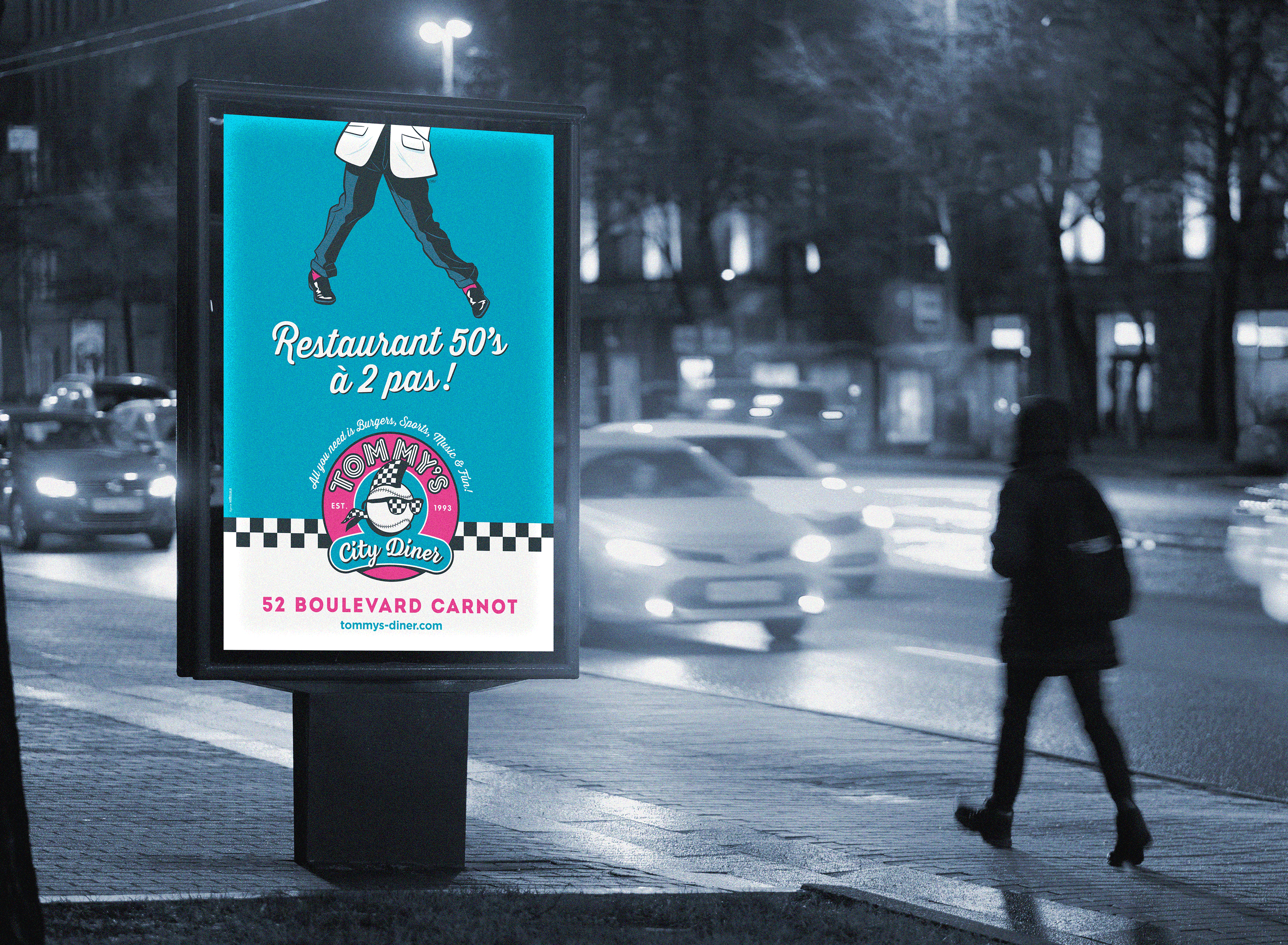 Gif animé de la campagne de proximité pour le restaurant fast food Tommy's City Diner de Toulouse, illustrée par Alain Maurel alias CallahanLounge - Agence Honolulu