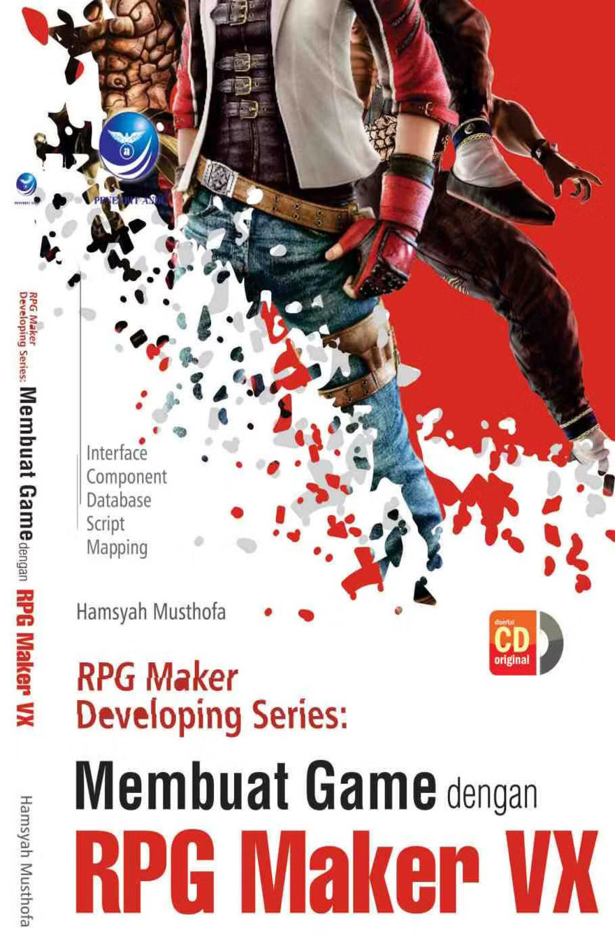 Book cover for "Membuat Game dengan RPG Maker VX" by Hamsyah Mustofa, featuring stylized characters, digital effects, and a list of game development topics.