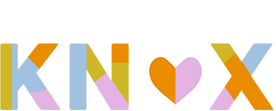 Experience Knox logo. 'Experience' is in handwritten font in white. 'Knox' is in bold capitals in colourful, geometric-style letters, with the letter O designed as a heart shape.