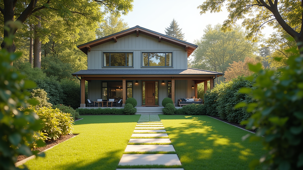 Eye-level view of a modern home with a well-maintained garden