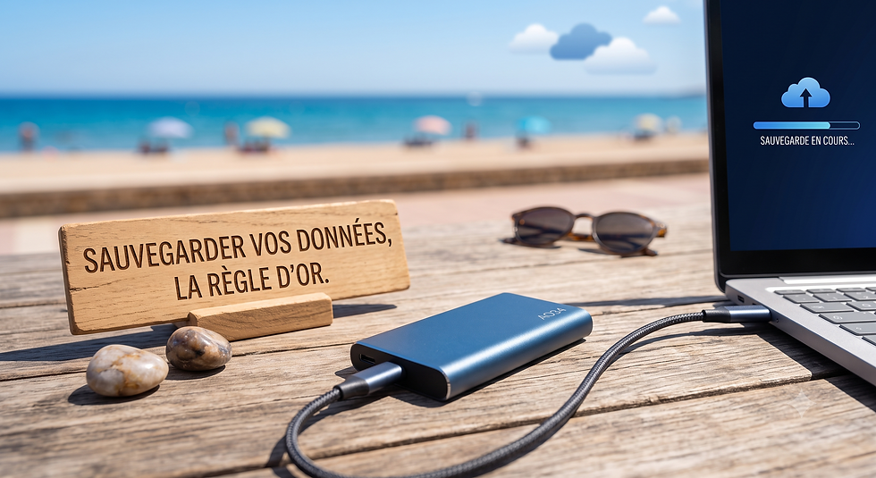 Table de plage avec panneau Sauvegarder vos données, la règle d’or, disque externe et ordinateur affichant Sauvegarde en cours.