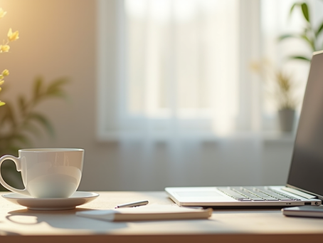 Vue en plongée d’un bureau lumineux avec un ordinateur portable et une tasse de thé printanière