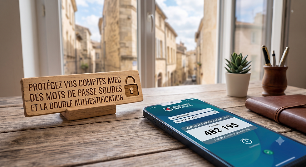 Pancarte en bois sur la sécurité des comptes et smartphone affichant un code de double authentification sur un bureau.