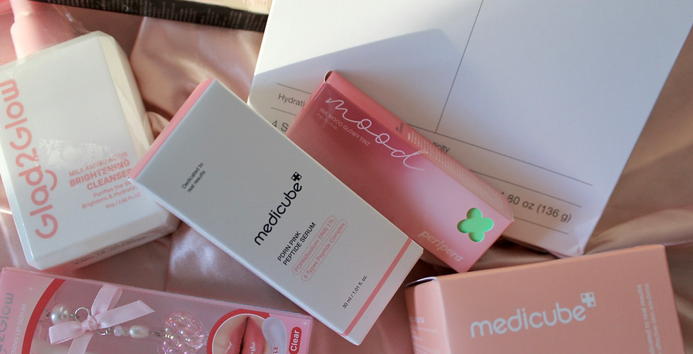 pink cosmetics items, lipstick, medicube collagen jelly, medicube pdrn serum, biodance overnight gel mask, peripera lipstick