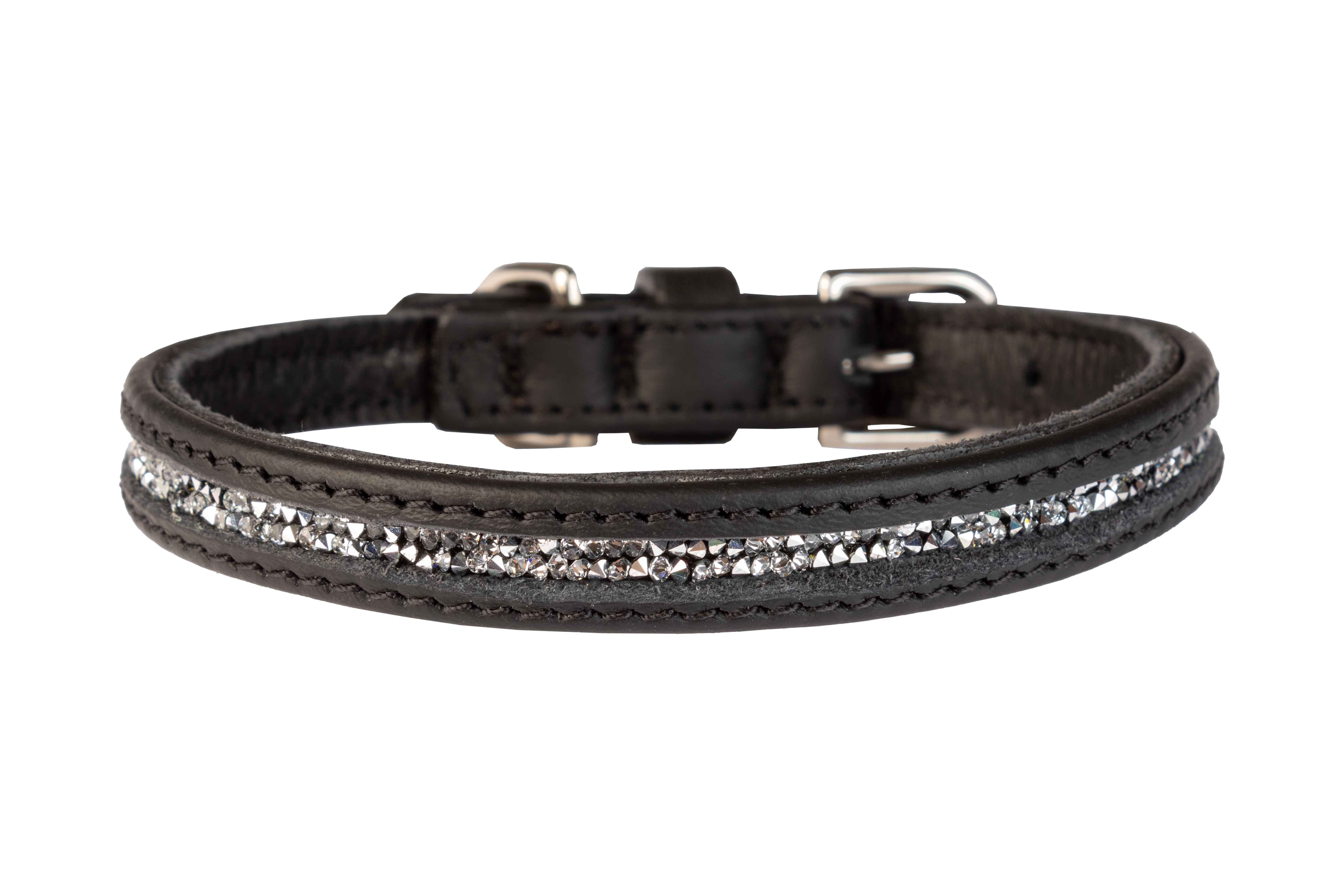 Sehr schmales, schwarzes Lederhalsband für kleine Hunde, mit einem Mittelstreifen aus silberfarbenen Swarovski® Kristallen
