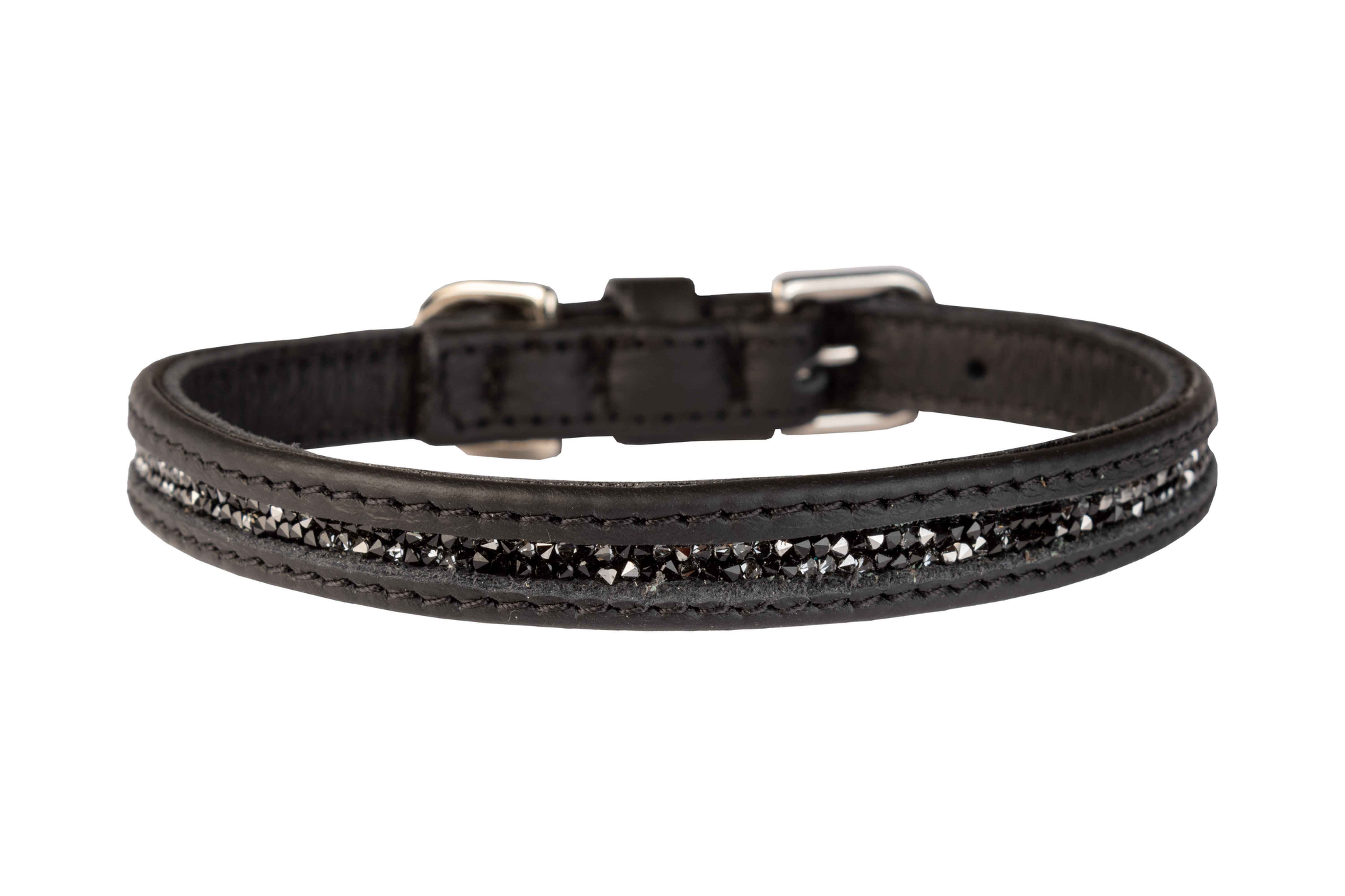 Sehr schmales, schwarzes Lederhalsband, mit einem Mittelstreifen aus schwarzen und silbernen Swarovski® Kristallen