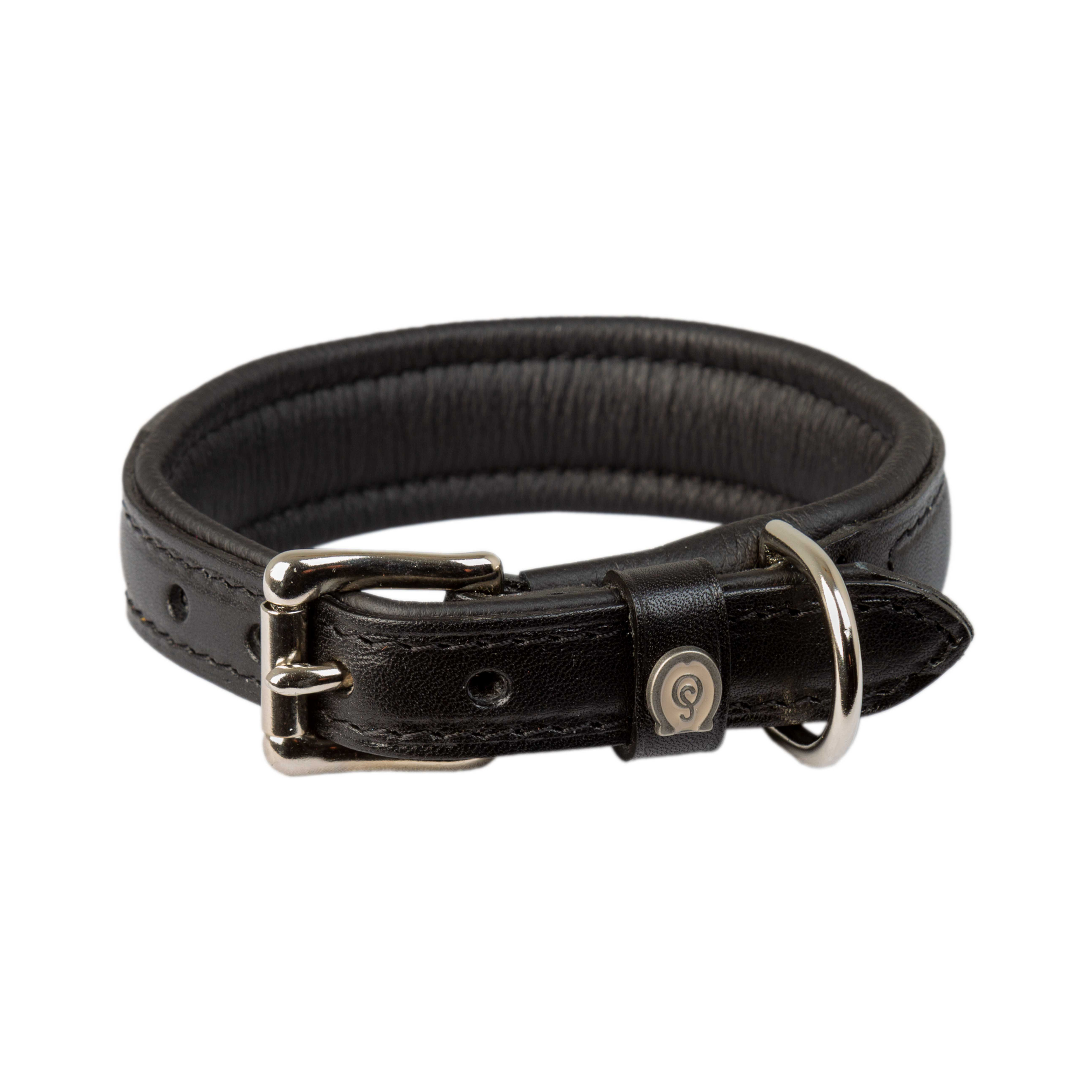 Schwarzes, gepolstertes Lederhalsband mit verjüngtem Schnallstück und silberfarbenen Beschlägen