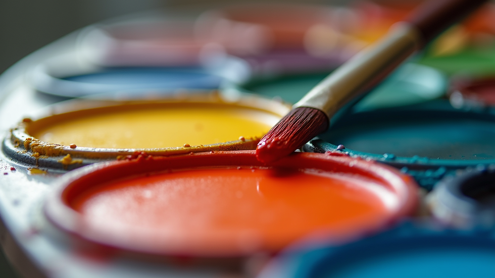 Close-up view of a vibrant paint palette with various colors