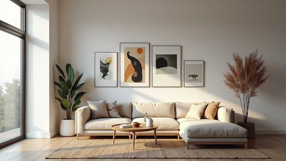 High angle view of a minimalist living room with diverse wall art