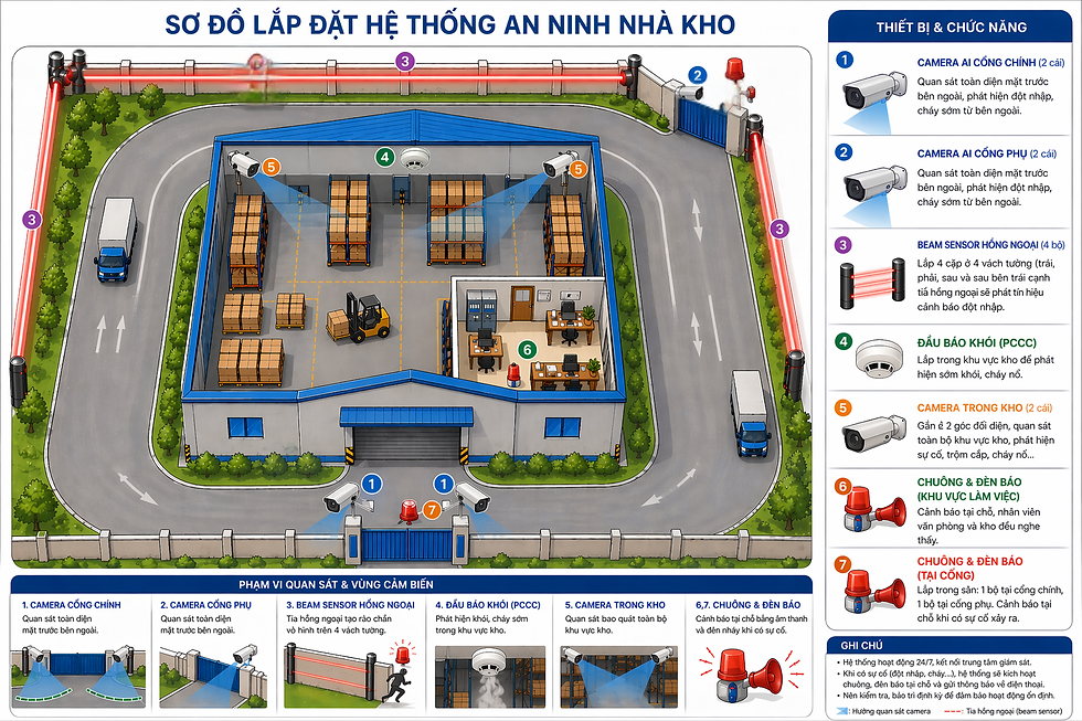 1. Mô hình lắp đặt thiết bị an ninh (camera và cảm biến) cho nhà kho doanh nghiệp