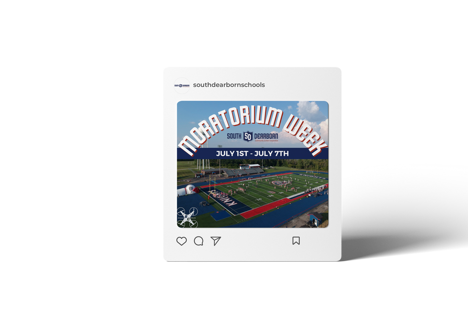 Photo of our social media graphic for South Dearborn Community School announcing their summer moratorium week with text over a photo of their football field.