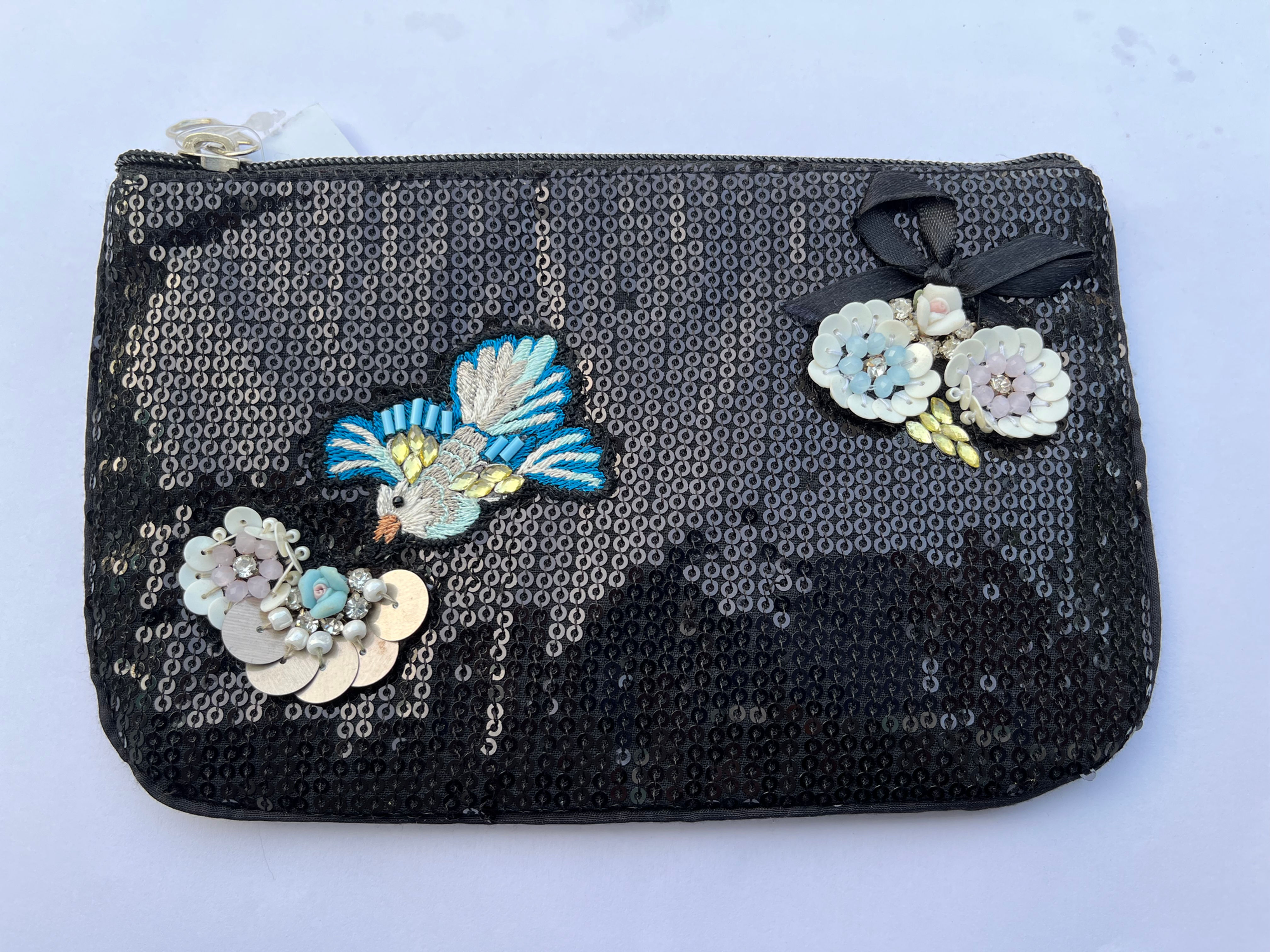 Pretty Bird Floral Applique Cute Purse Black