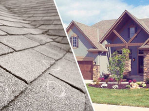 split image with left side showing roof shingles with chalk marking hail damage and right side a house with a brand new roof