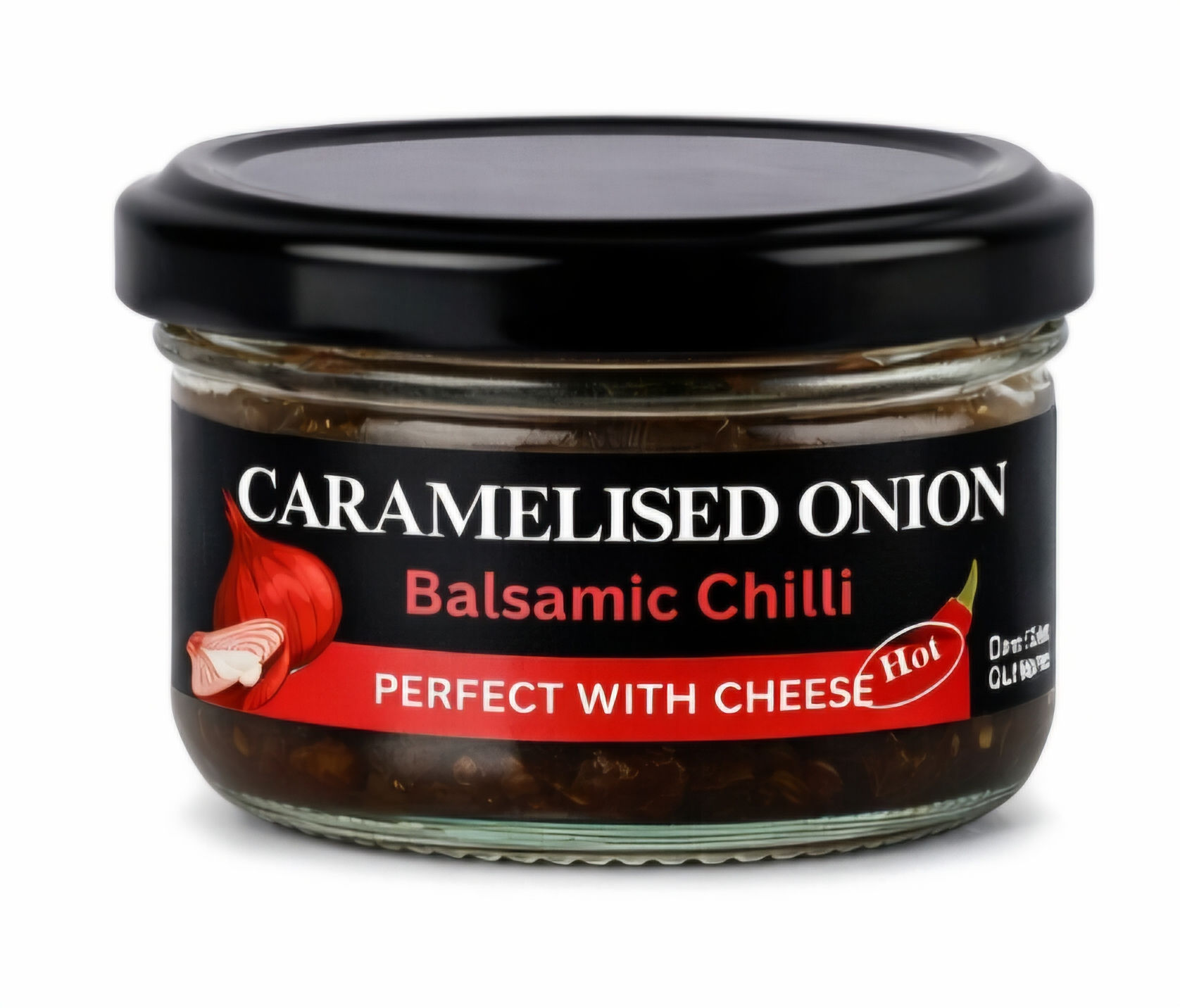 Jar of Mum's Cooking Pot Caramelised Onion Balsamic Chilli on wooden board.