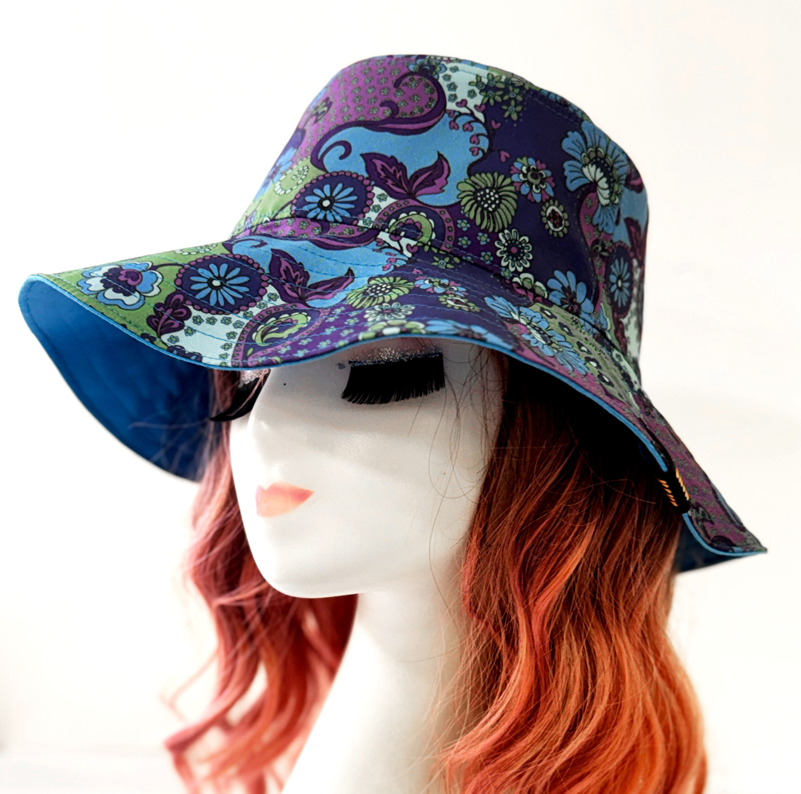 Blue Paisley Floral Wide Brim Sun Hat