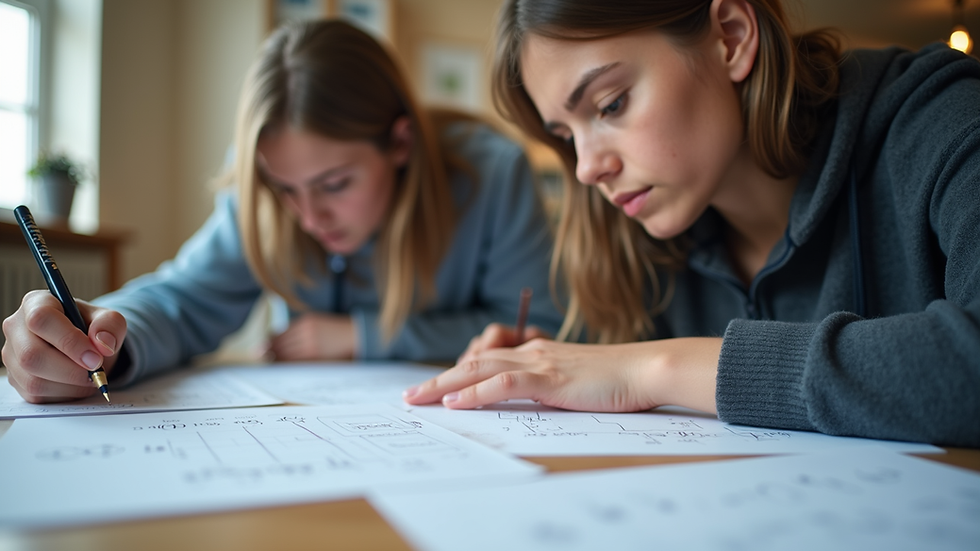 Eye-level view of a student working on maths problems with a tutor