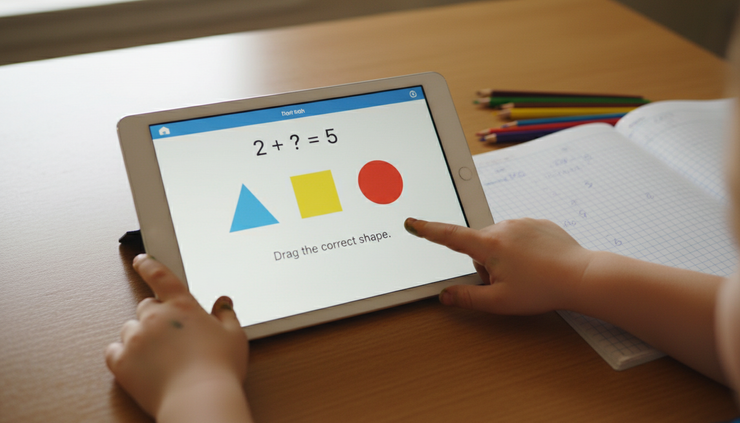 Close-up view of a tablet showing maths practice beside coloured pencils.