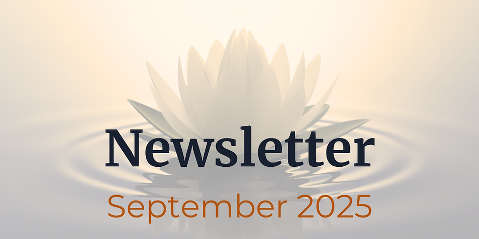 In front of a misty floating white lotus with quiet ripples, the words "Newsletter" (bold and dark) and "September 2025" (rounded, in butterscotch).