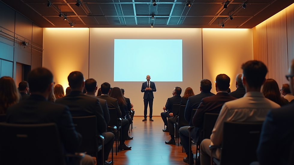 Eye-level view of a modern conference room with a single speaker addressing an engaged audience