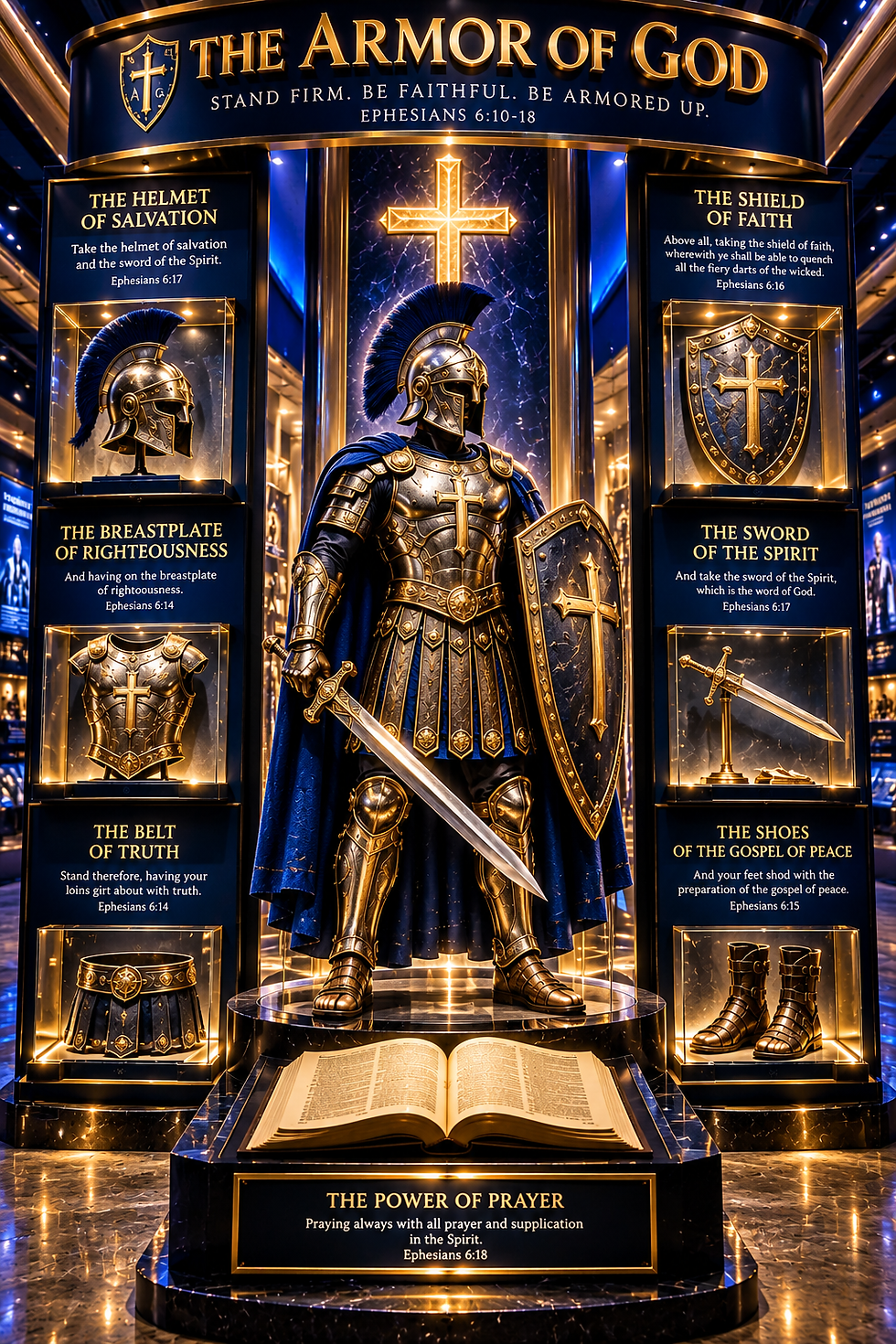 Armor of God exhibit featuring a knight in golden armor.
