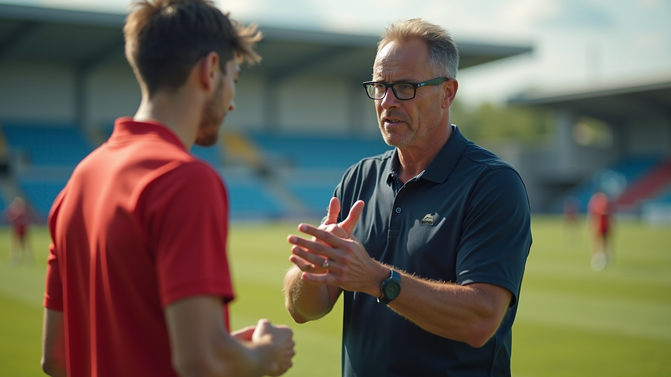 Eye-level view of a sports coach giving advice to an athlete on the field