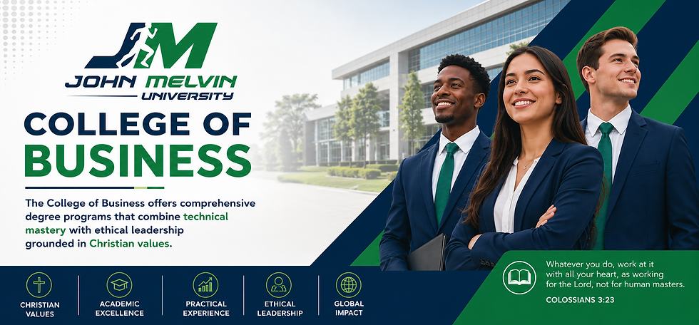 John Melvin University College of Business banner with young professionals and academic programs emphasizing ethical leadership.