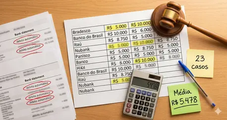 Tabela impressa com valores de indenizações por retenção de salário ao lado de martelo de juiz e extratos bancários com descontos marcados em vermelho