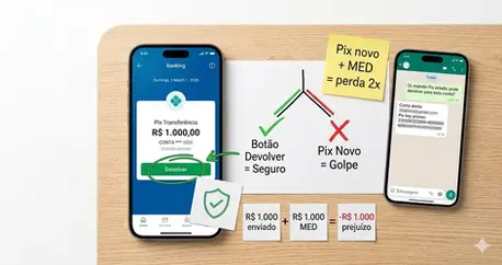 Tela de celular mostrando extrato bancário com Pix recebido e botão Devolver destacado em verde, ao lado de mensagem suspeita pedindo devolução para outra conta