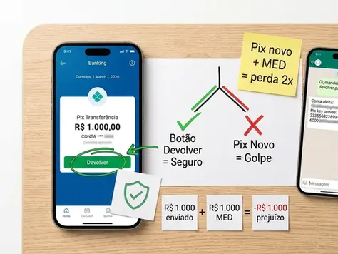 Tela de celular mostrando extrato bancário com Pix recebido e botão Devolver destacado em verde, ao lado de mensagem suspeita pedindo devolução para outra conta