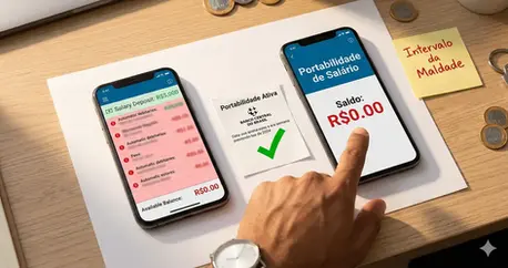 Dois smartphones lado a lado: banco antigo mostrando descontos no salário e banco novo mostrando saldo zero após portabilidade frustrada
