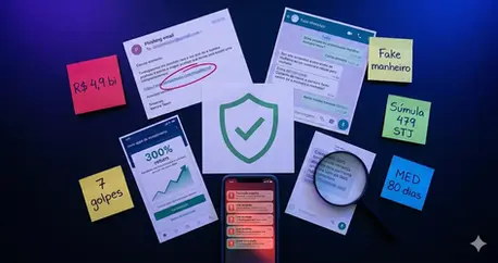 Mapa do Brasil com ícones de diferentes golpes digitais conectados por linhas, representando a rede de fraudes online incluindo Pix, phishing e WhatsApp