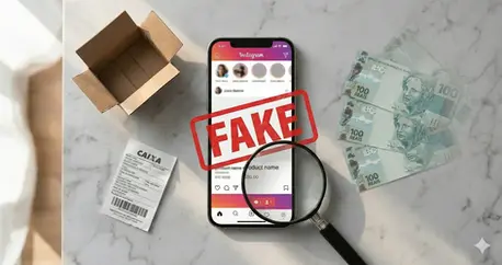 Smartphone mostrando perfil falso do Instagram com anúncio de produto a preço muito baixo, representando golpe da falsa venda e fraude via Pix