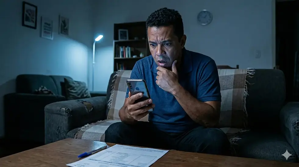 Vítima de golpe do Pix consultando extrato bancário no celular com expressão de preocupação