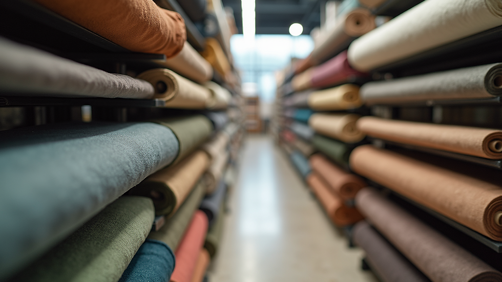 Eye-level view of fabric bolts displayed neatly in a showroom