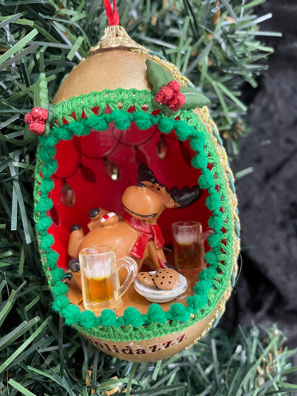 Cute drunk reindeer Christmas tree ornament hand crafted from real goose egg shell