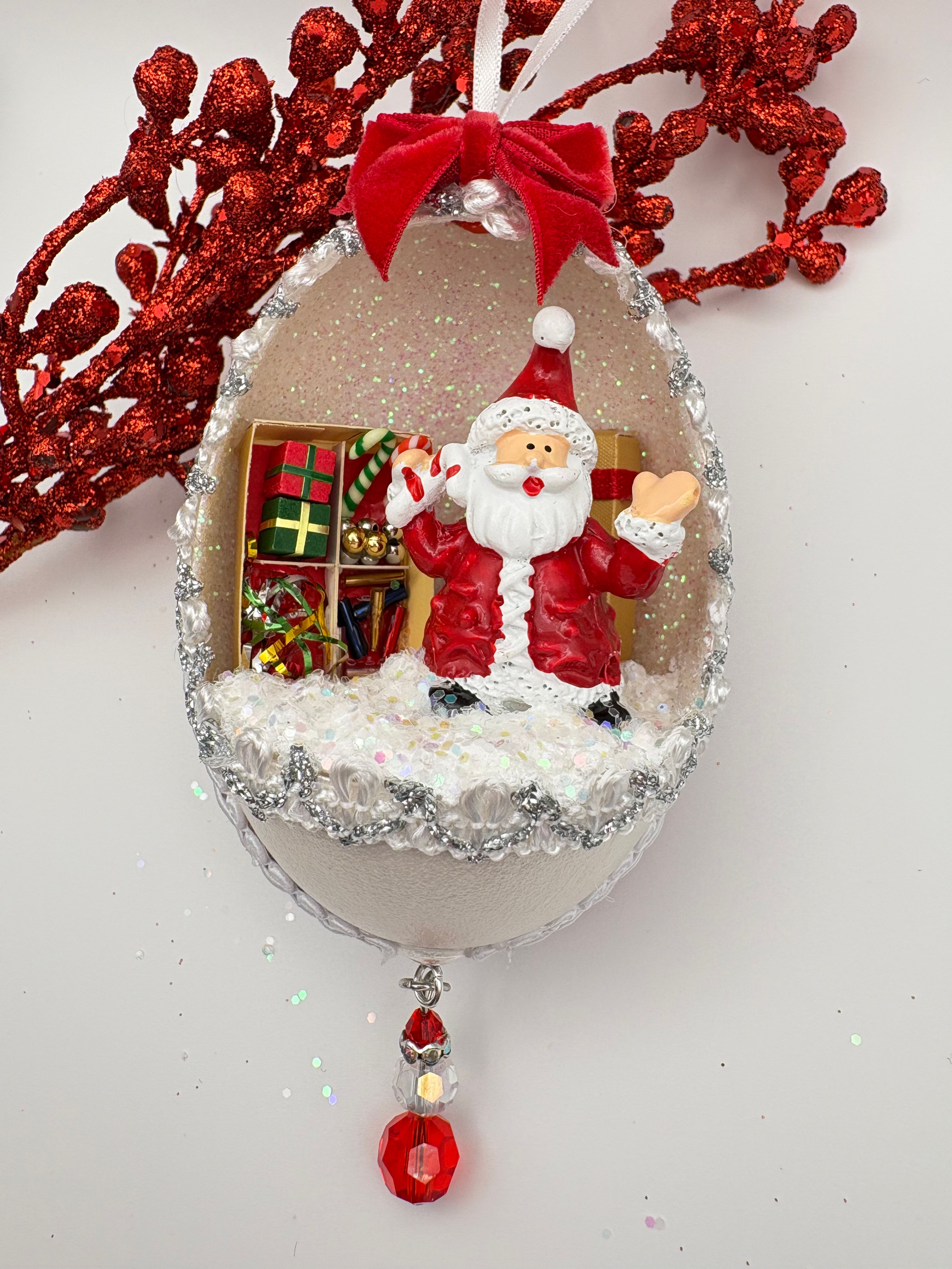 Santa with Present Christmas Tree handmade ornament real goose egg