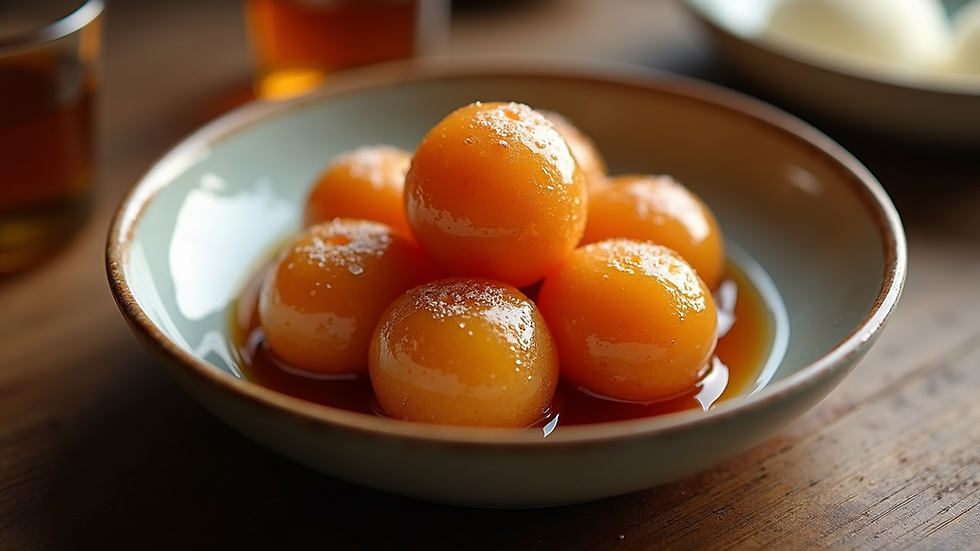 High-angle view of warm Gulab Jamun served in a bowl with syrup